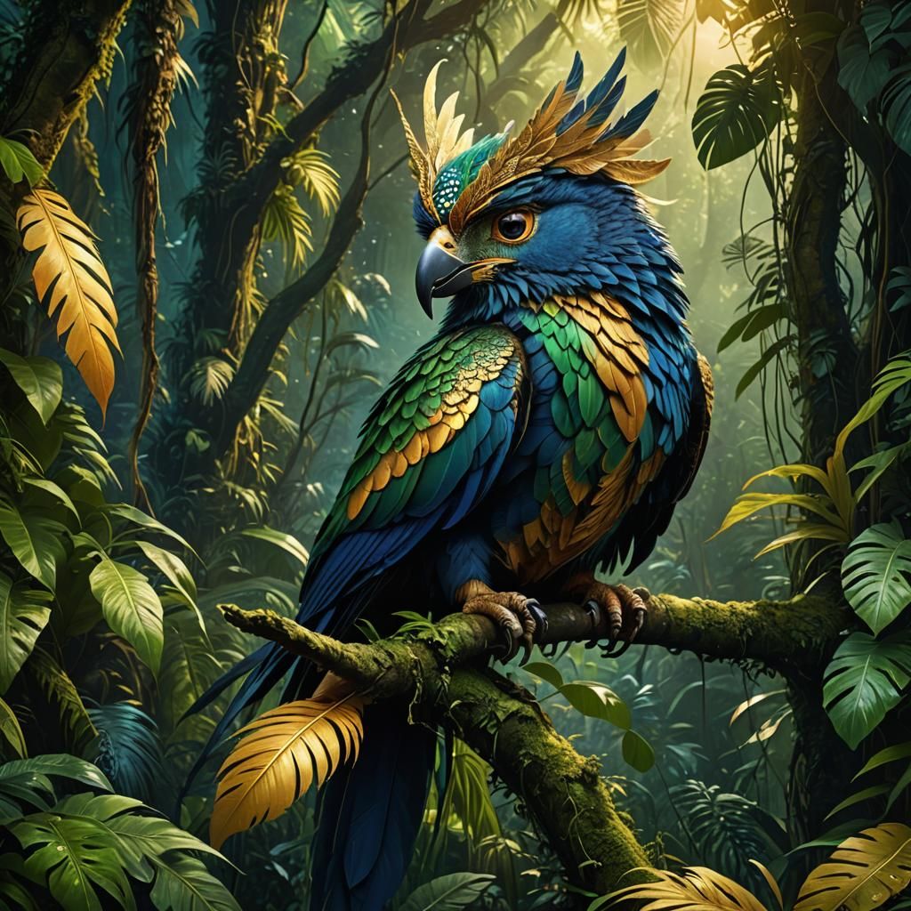 Mystical Giraffe-Peacock Hybrid in Lush Jungle