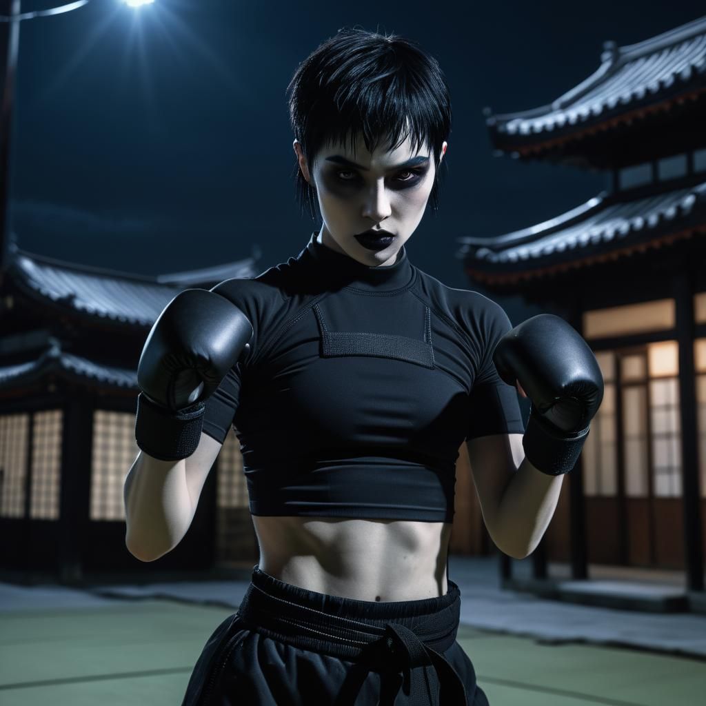 Athletic Goth Woman Practicing Karate at Night