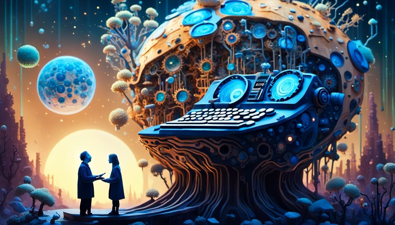 Ethereal Figures Compose Poems in Sunset Galaxy