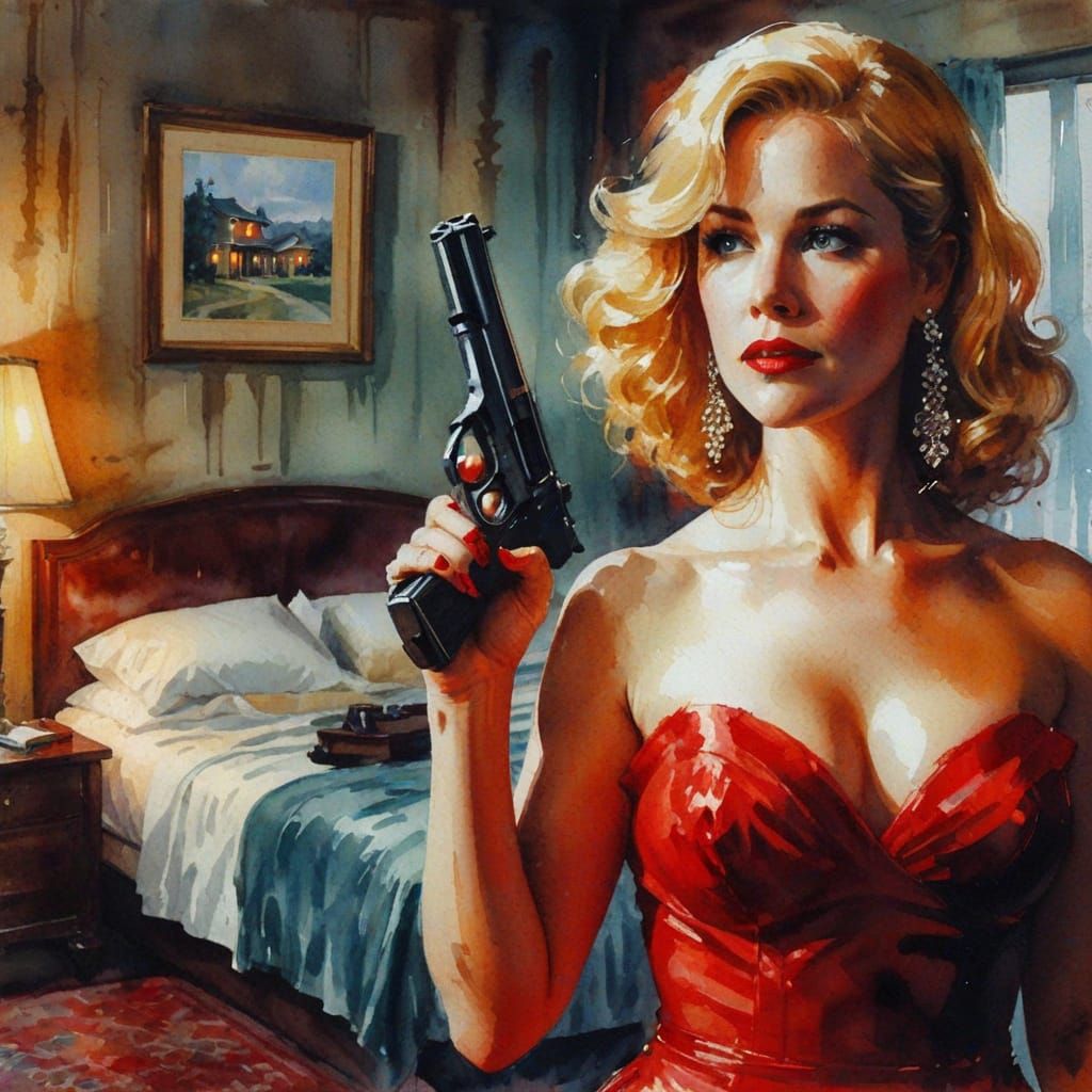 Mysterious Blonde Film Noir Watercolor