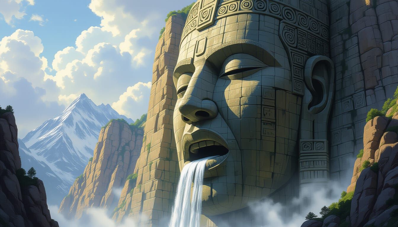 Monumental Stone Head Mountain Waterfall, Hildebrandt Style