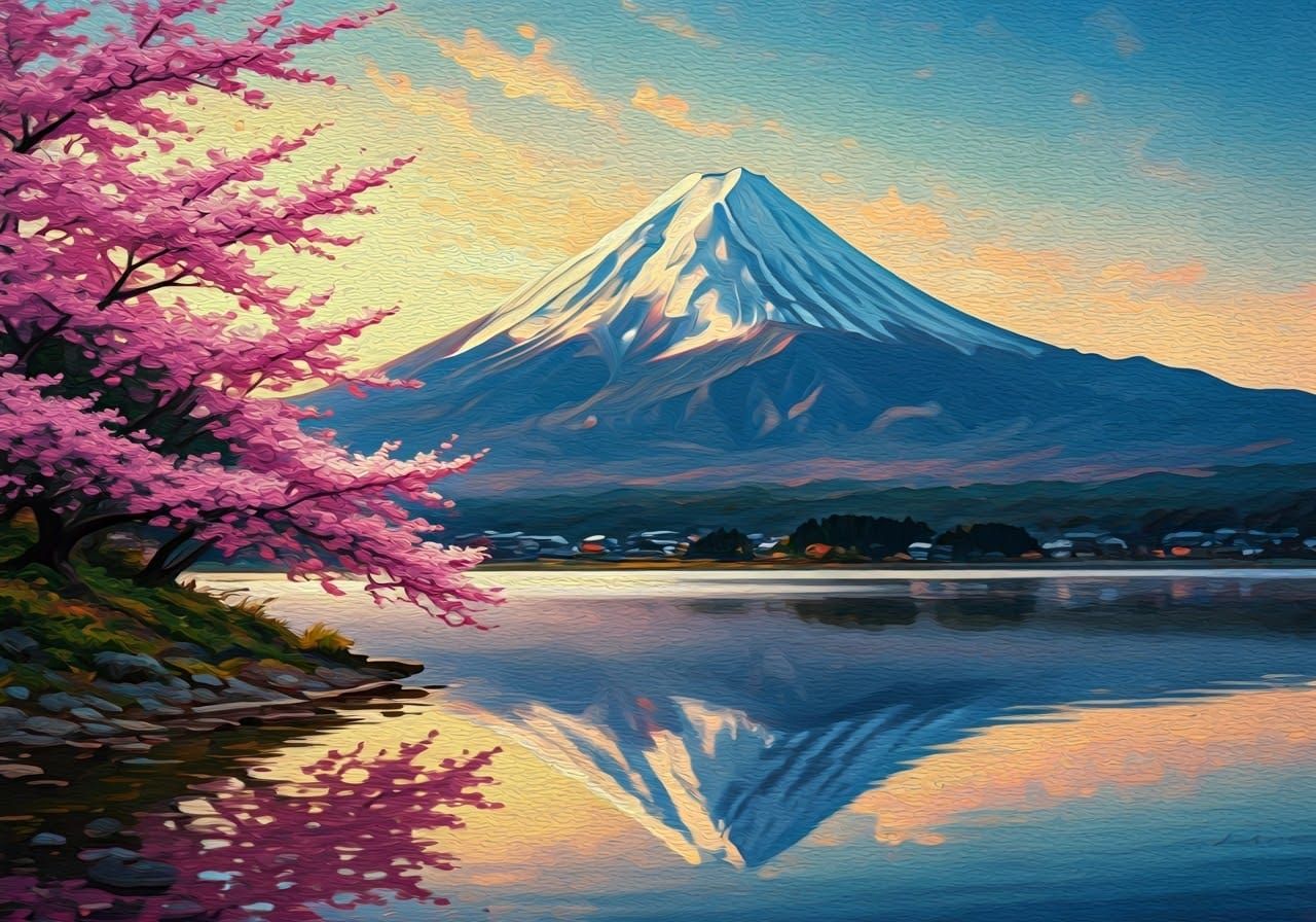 Surreal Mount Fuji Landscape in Oil Painting Style