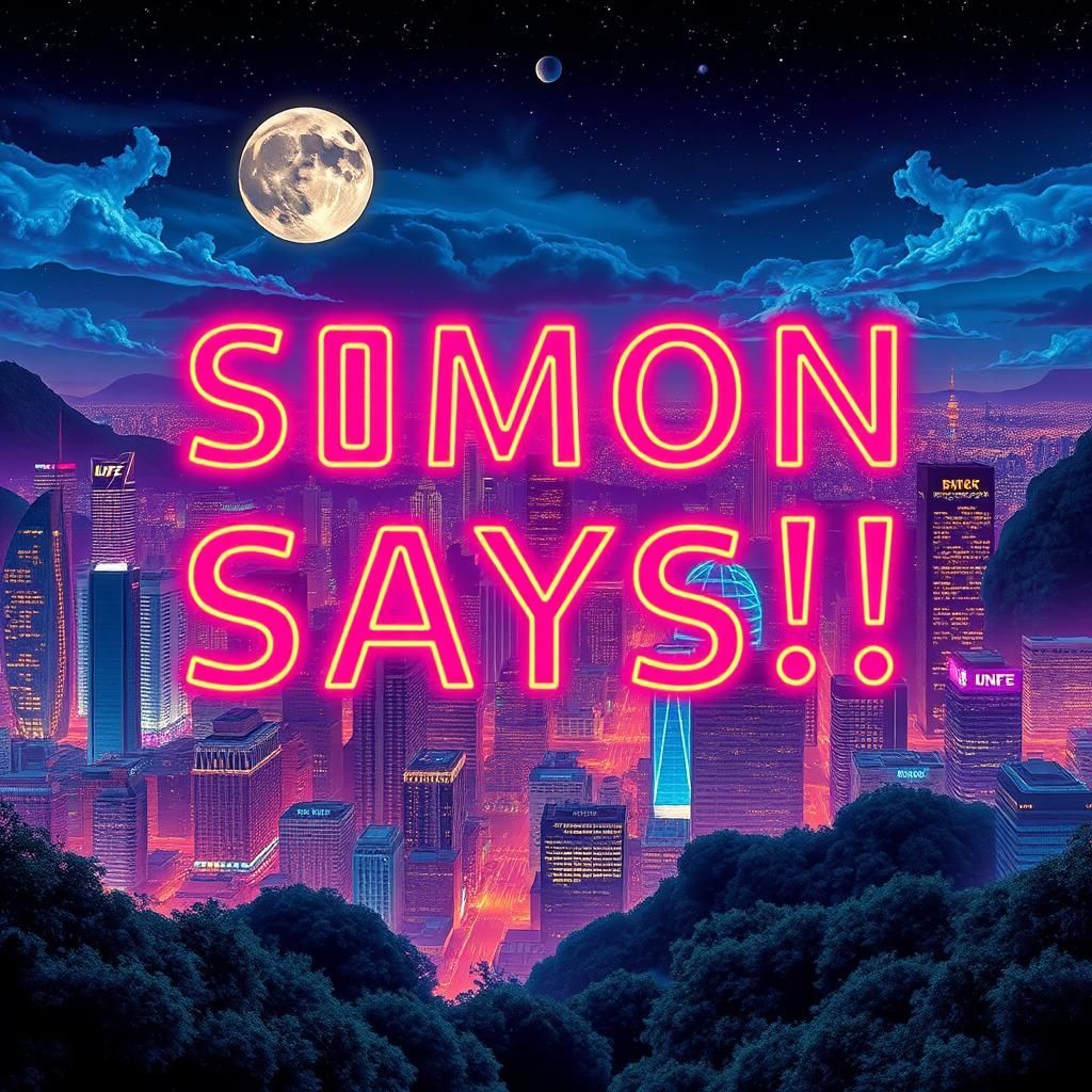 Psychedelic Mosaic Cityscape with Neon Text Overlay