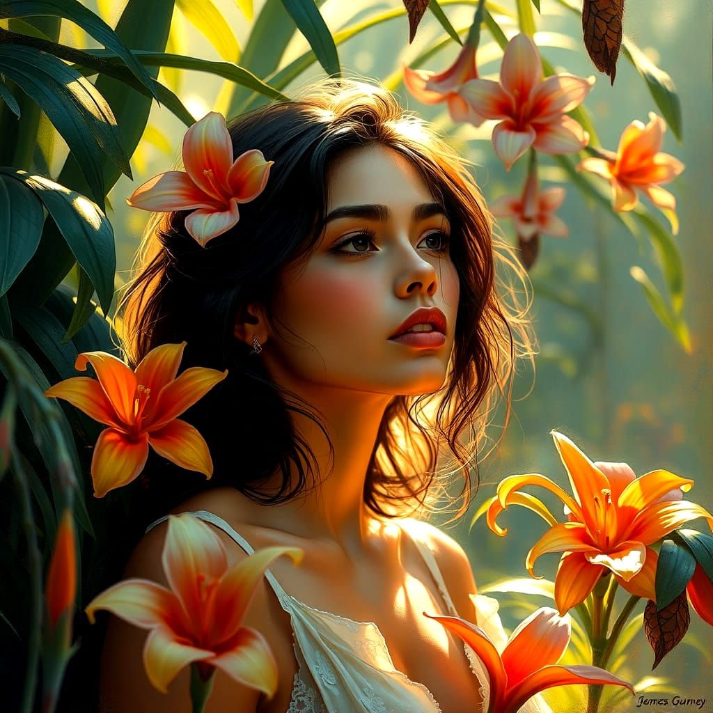 Surreal Landscape with Dreamy Woman in Exotic Blooms, in Whi...