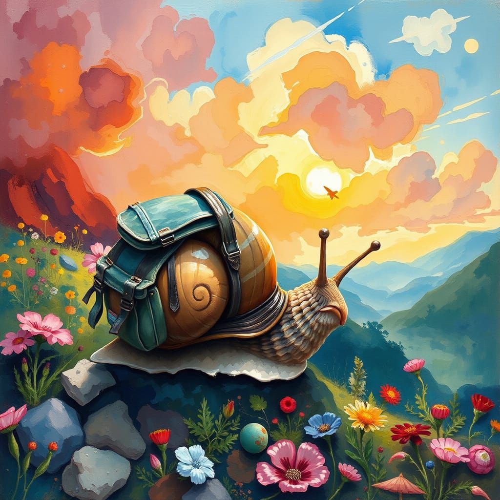 A curious snail, wearing a tiny backpack, explores a vibrant, dreamlike landscape.