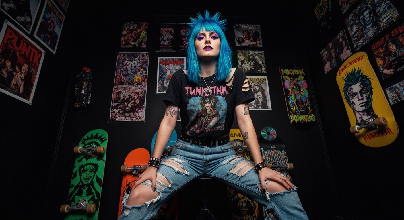 Edgy Punk Girl with Blue Hair in Dimly Lit Room