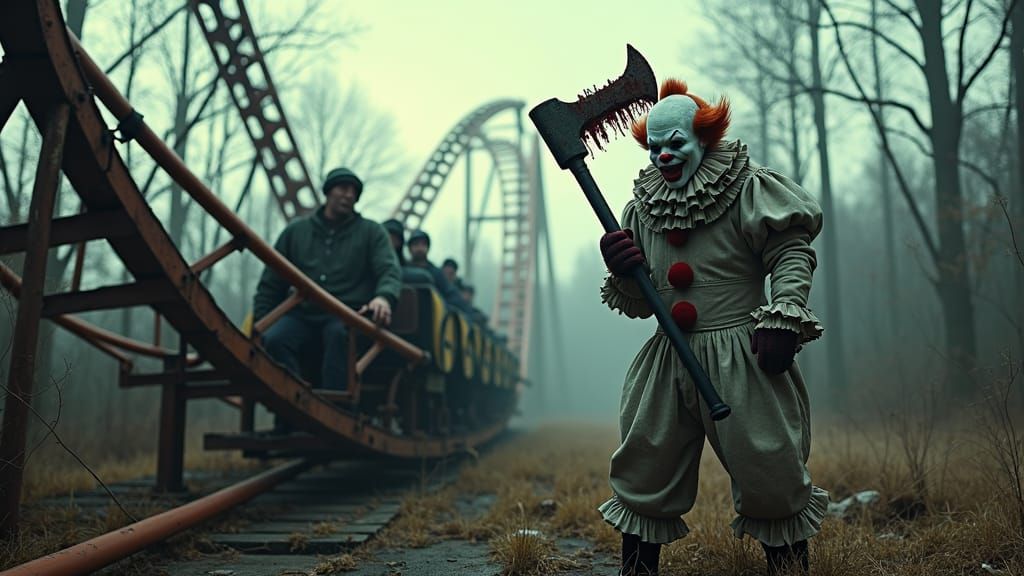 Eerie Roller Coaster with Zombie Clown: Cinematic Film Still