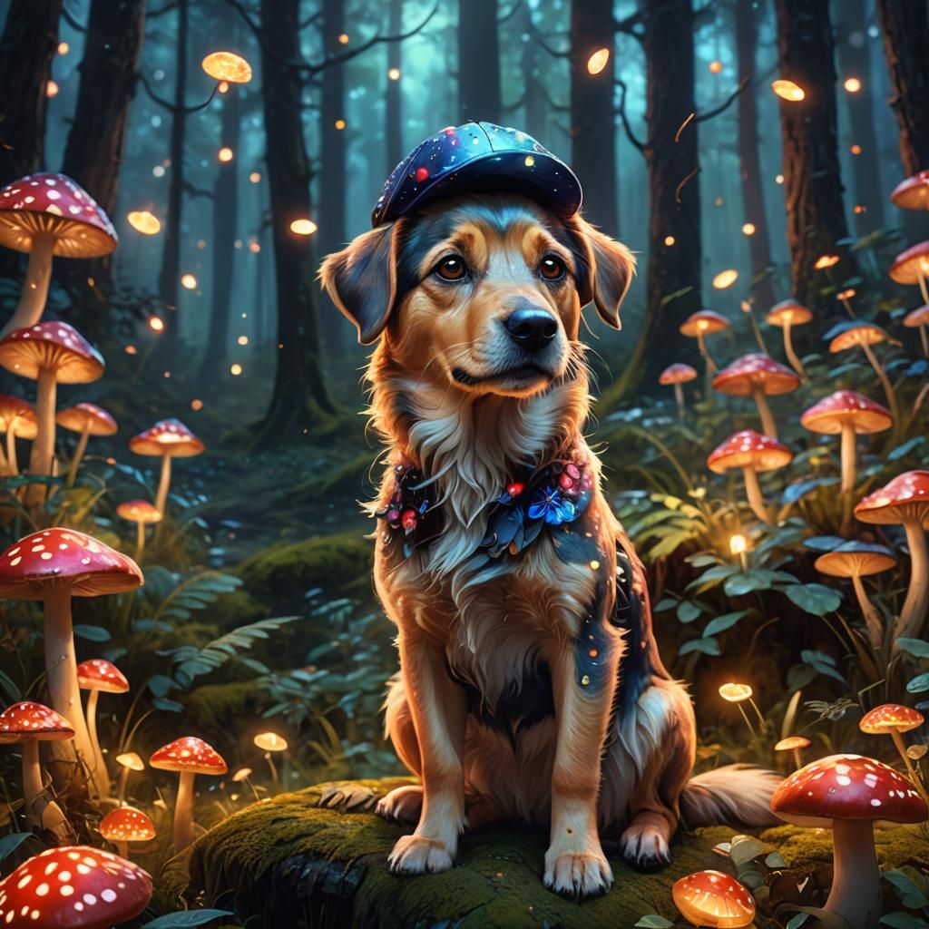 Dog on Mushroom in Whimsical Forest: Art Nouveau
