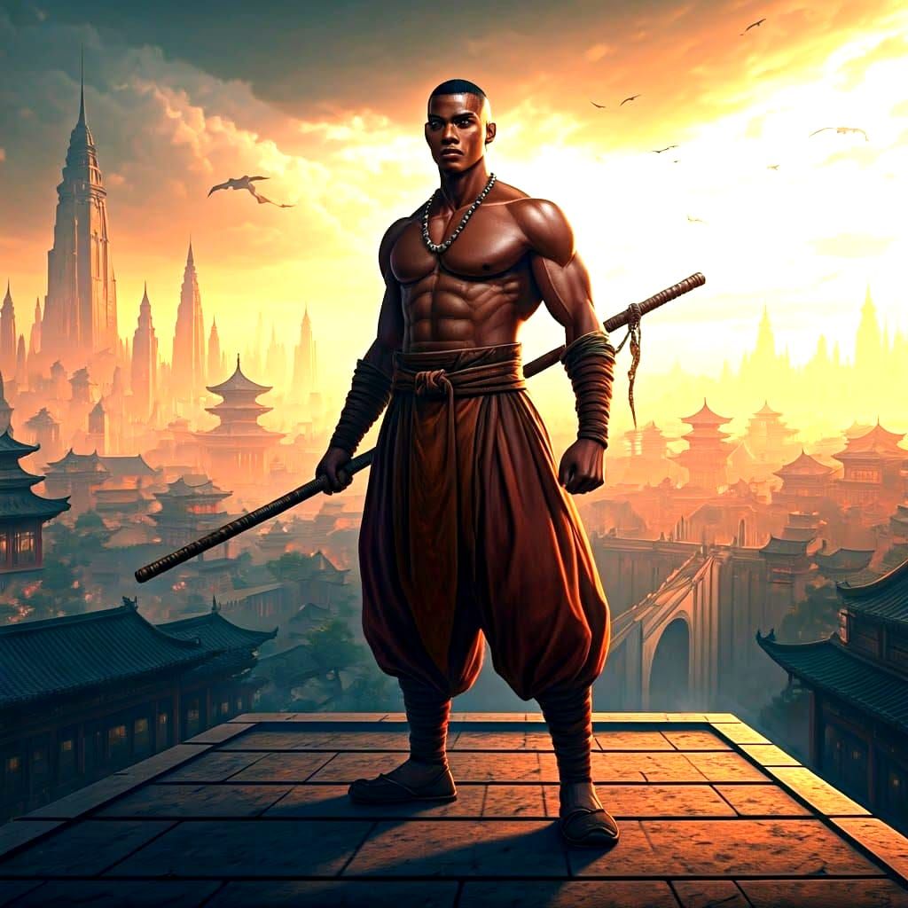 Warrior Monk Overlooking Fantasy City, Digital Art