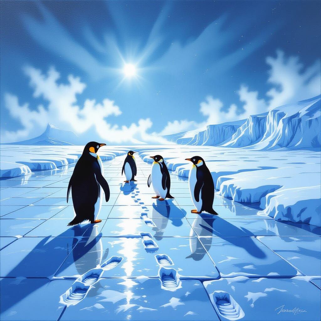 Penguins on Snowy Tundra Tile Floor Canvas Painting