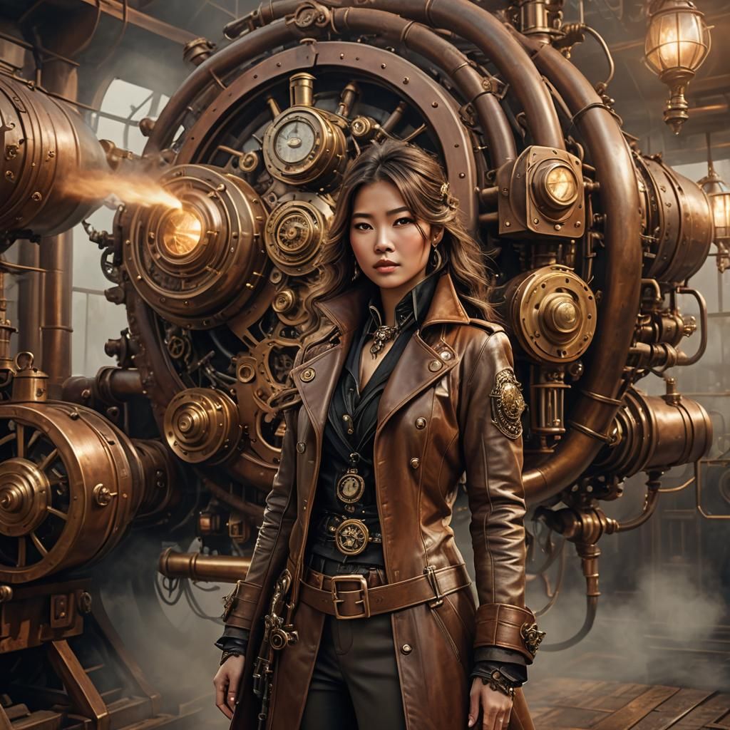 Steampunk Superspy in Front of Massive Engine