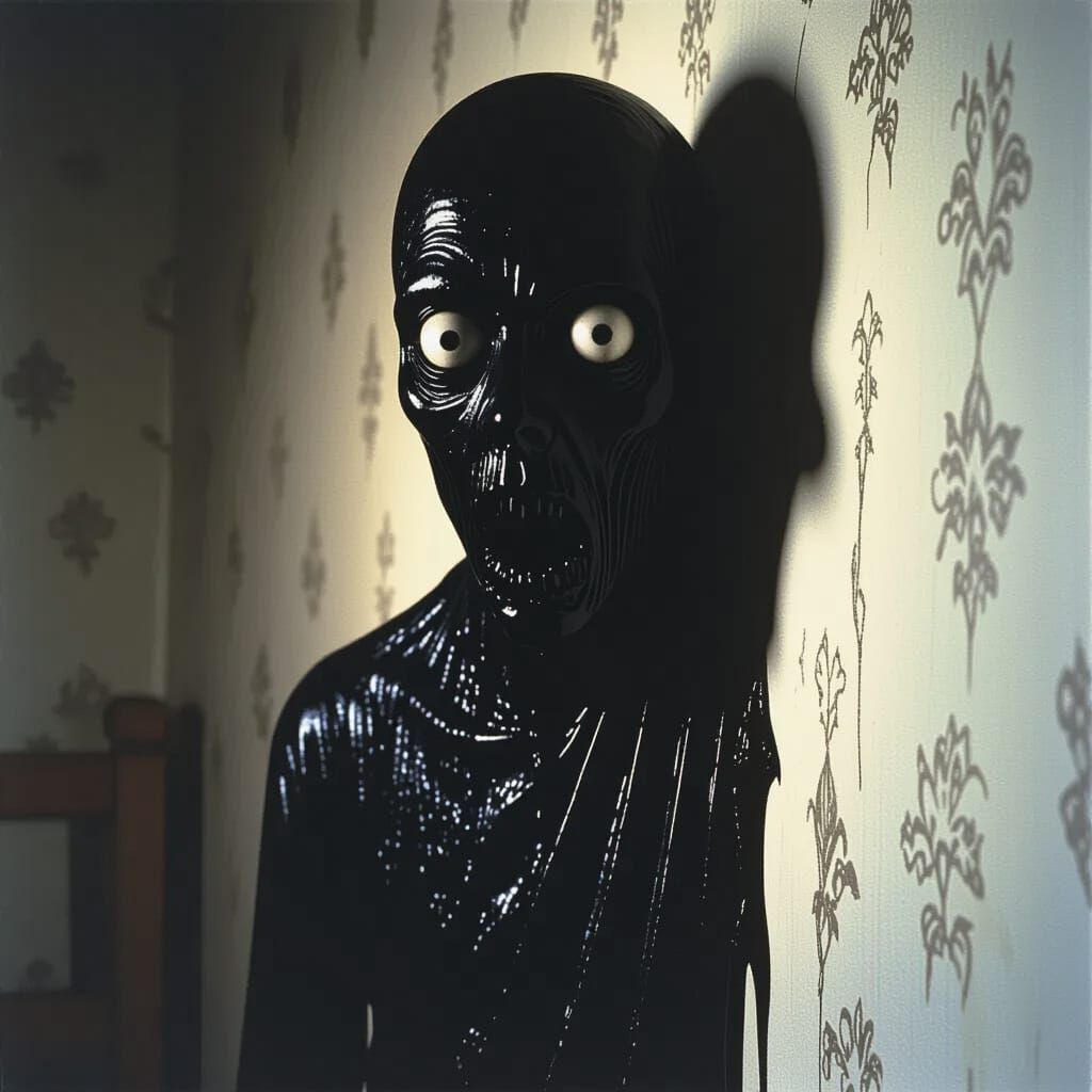 Uncanny Distorted Figure Emerging from Wall in Surreal Style