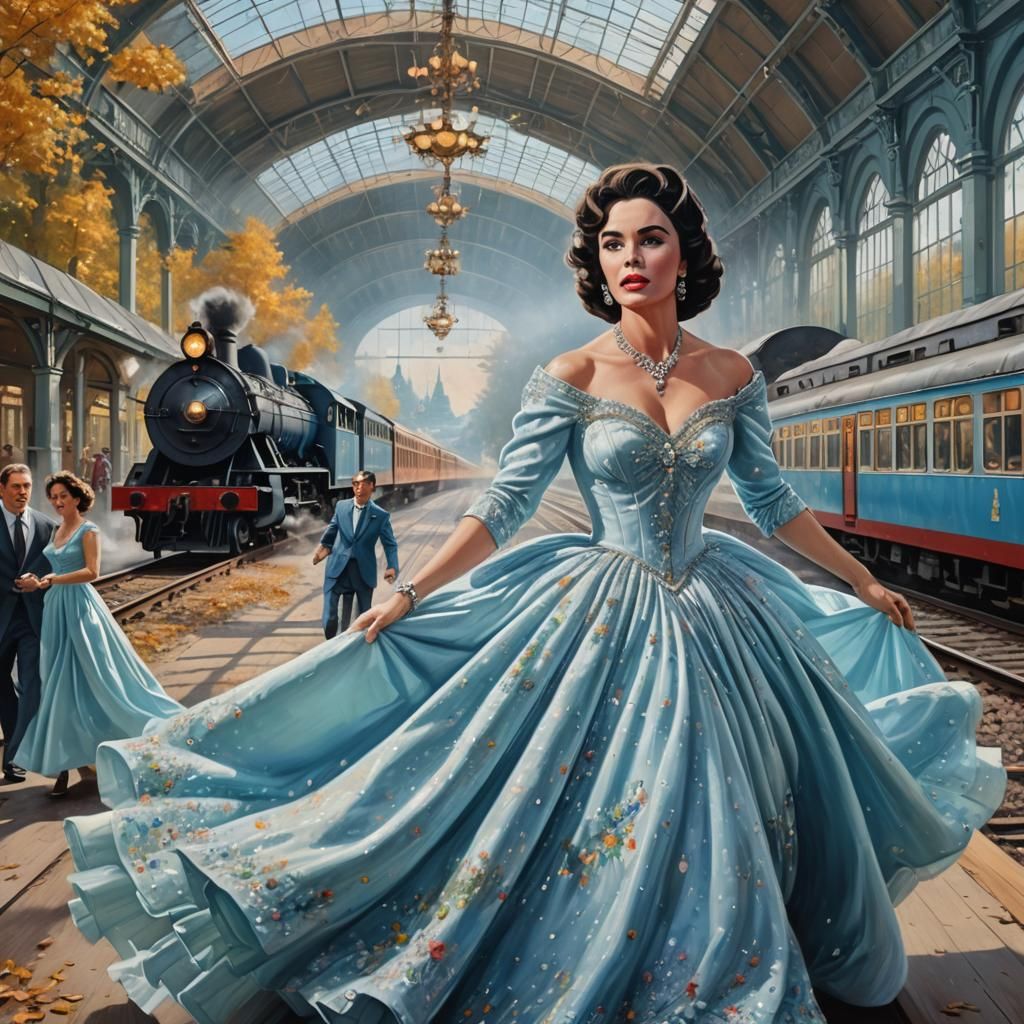 Woman in Gown at Train Station: Hyperrealistic Art