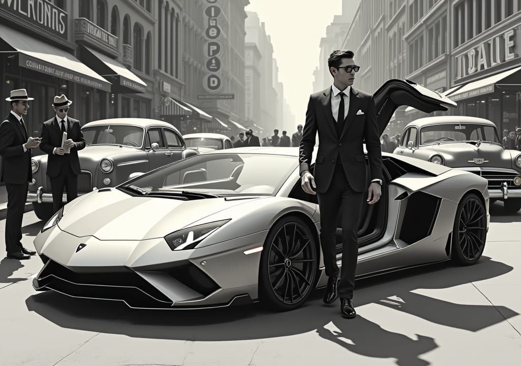 Futuristic Man Steps Out of Car in Charcoal Gray