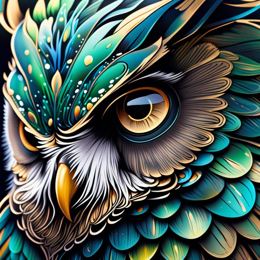 Chibi Owl with Ink Splatter Effects