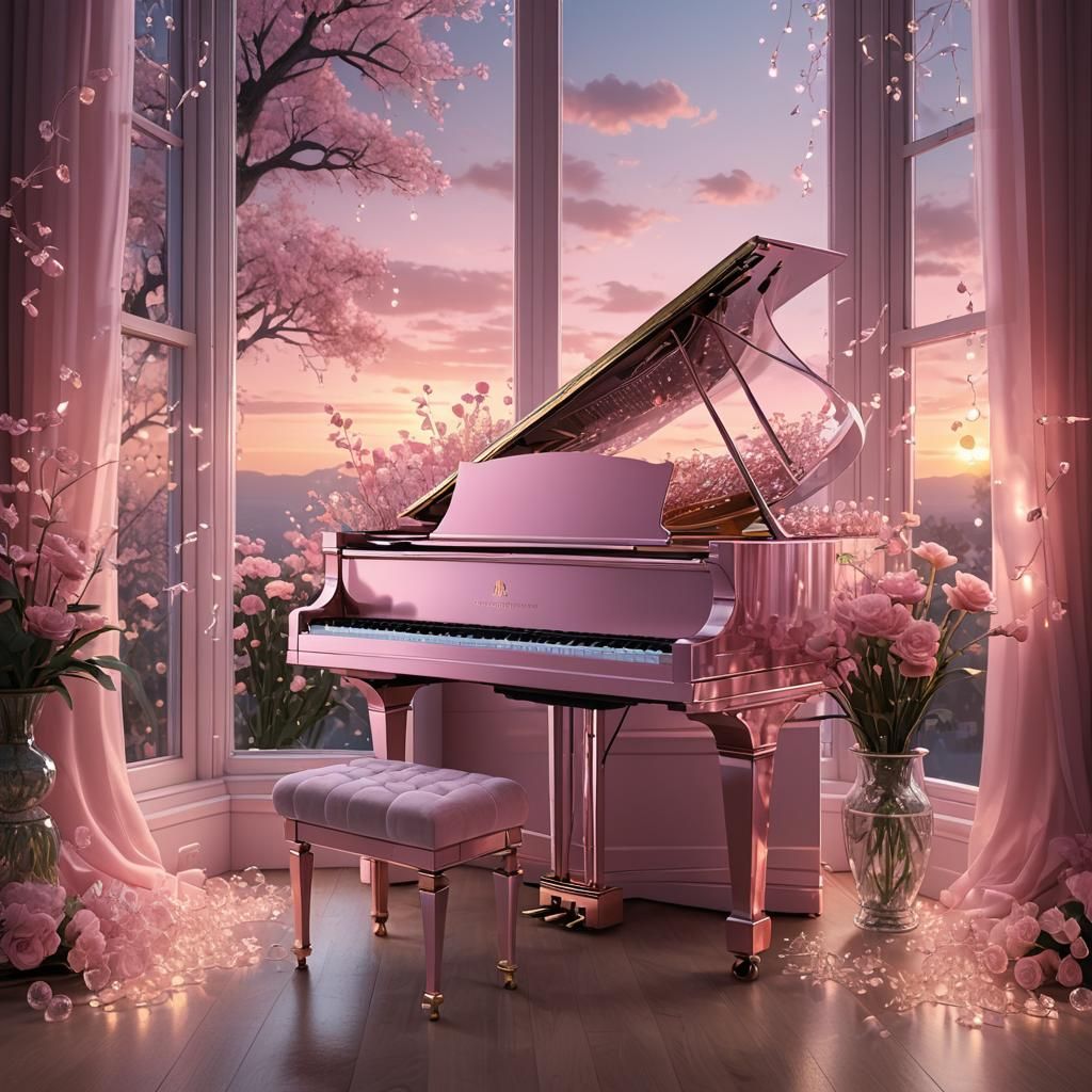 Pink Crystal Piano in Sunset, Matte Painting