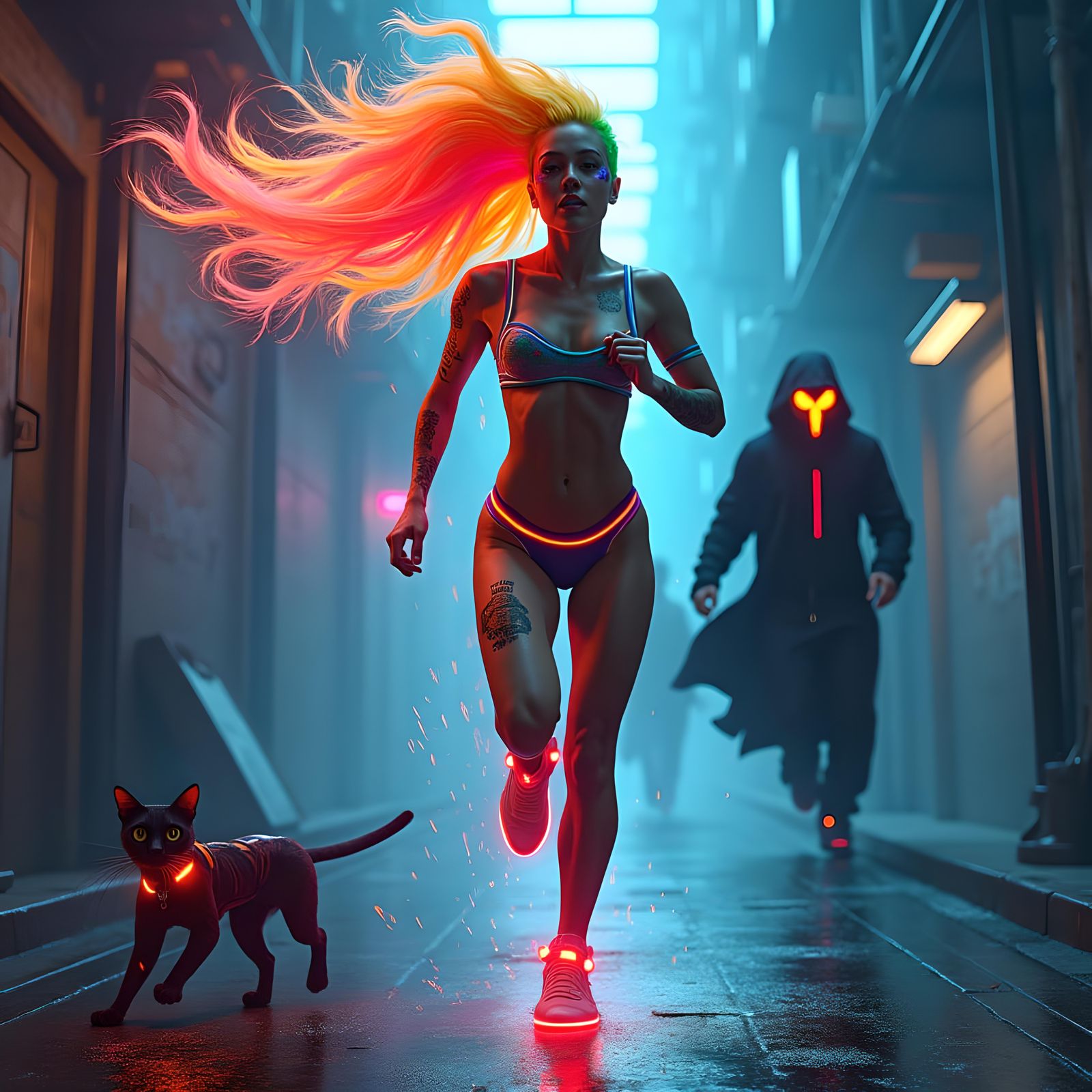 Neon Cyberpunk Chase with Rainbow Hair