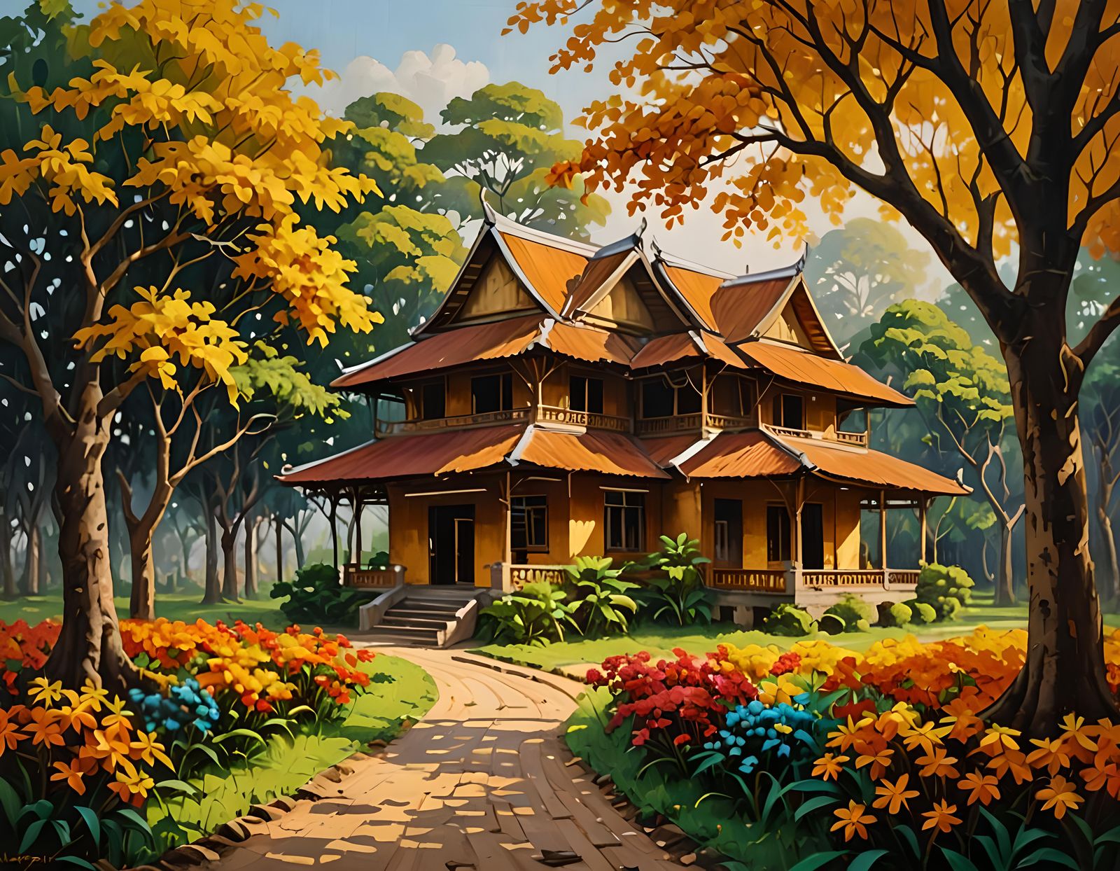 Cambodian House and Flowering Trees in Oil