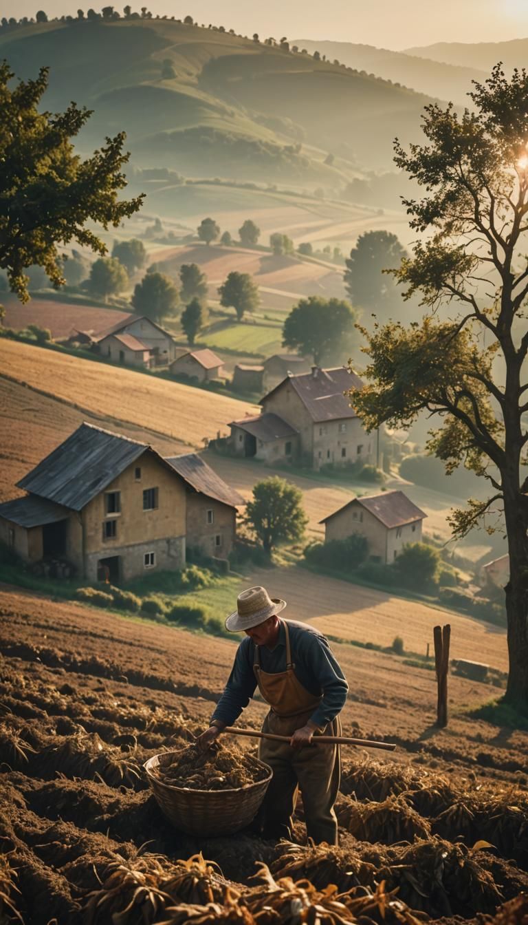 Cinematic Film Still of Farmer Harvesting Crops