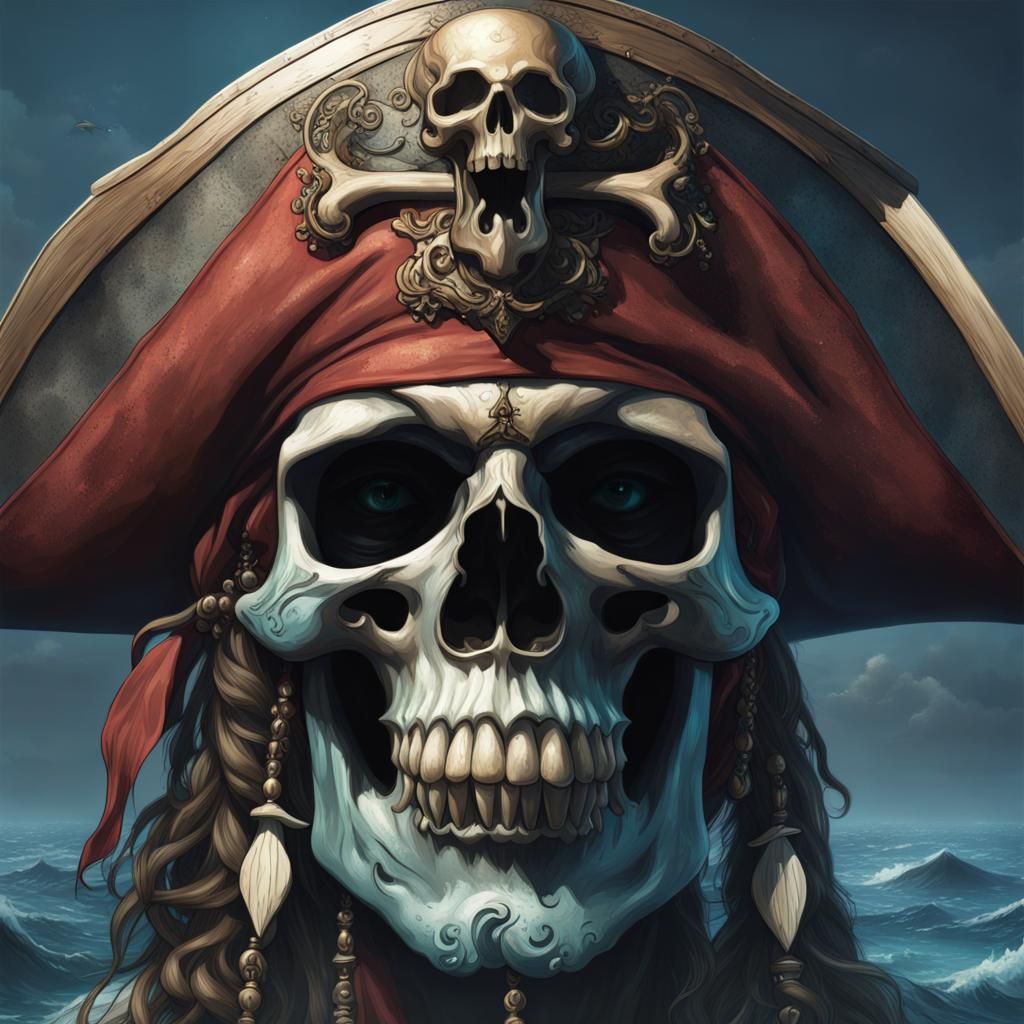 Pirate Skull Portrait in Ocean, Digital Art
