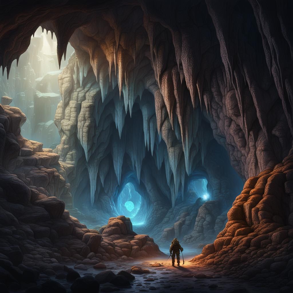 Yeti Searching for Jewels in a Stalactite Cave