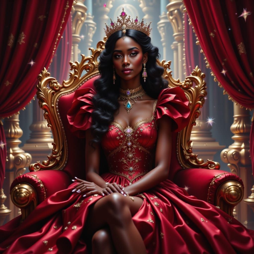 Black Princess on Ruby Throne Amidst Diamonds in Baroque Sty...
