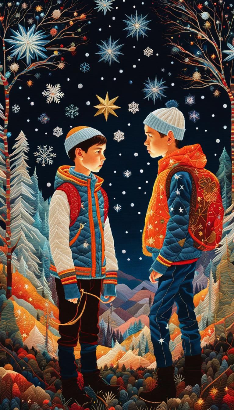 Surreal Father and Son Embroidery in Vibrant Starry Night
