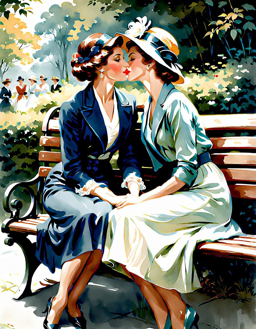 Vintage Watercolor of Two Women Kissing