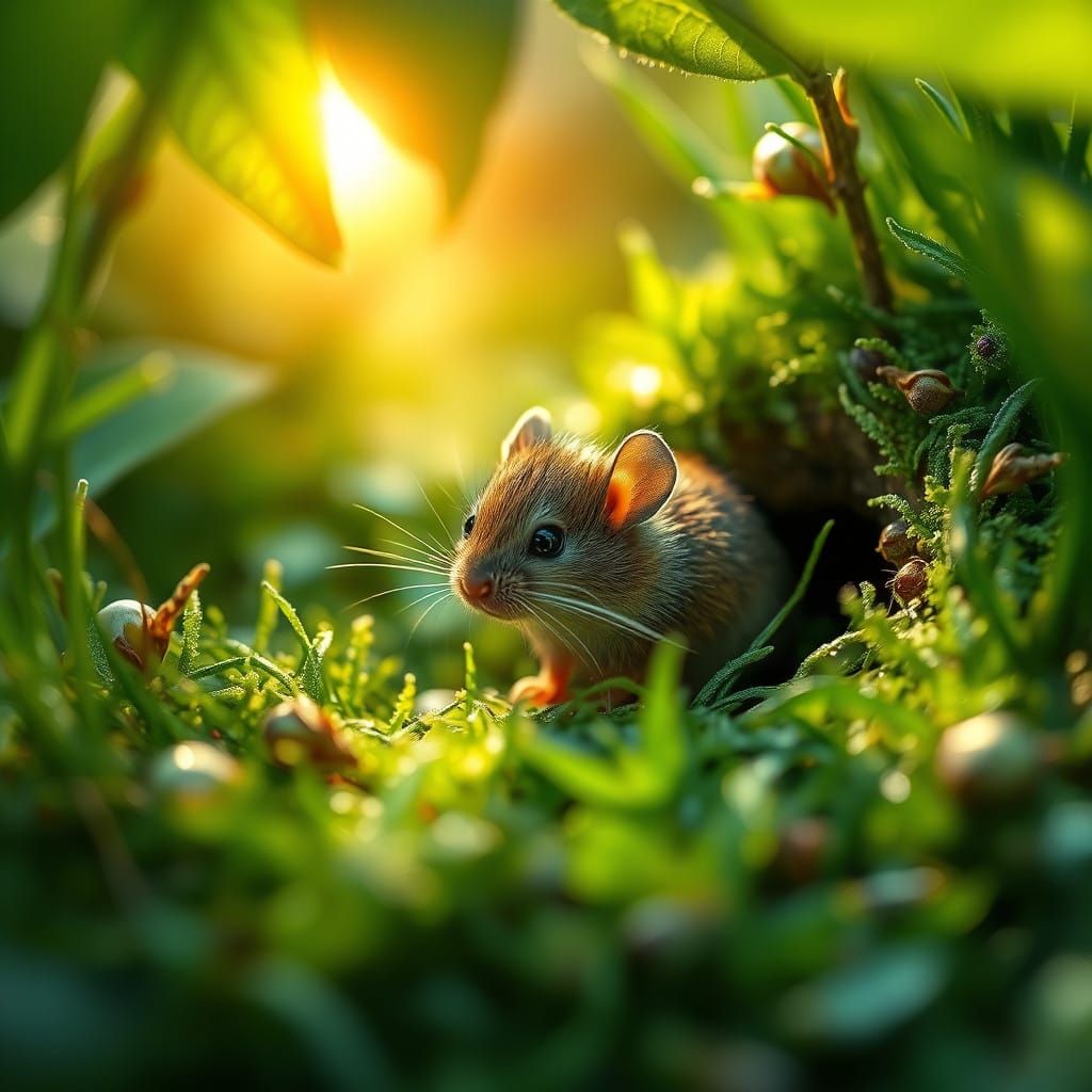 Whimsical Mouse Emerges from Enchanted Emerald Clearing