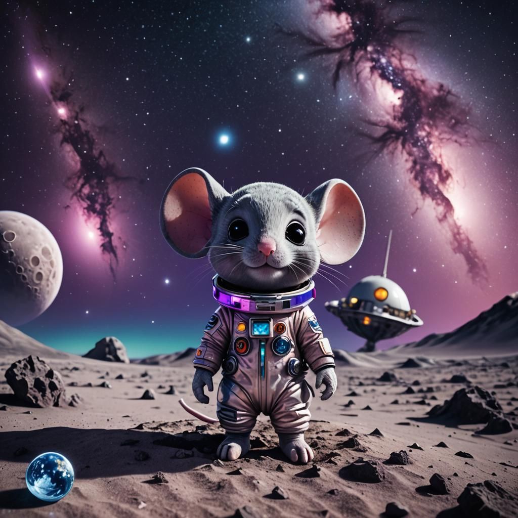 Chibi Mouse on Moon with Spaceship: Astrophotography