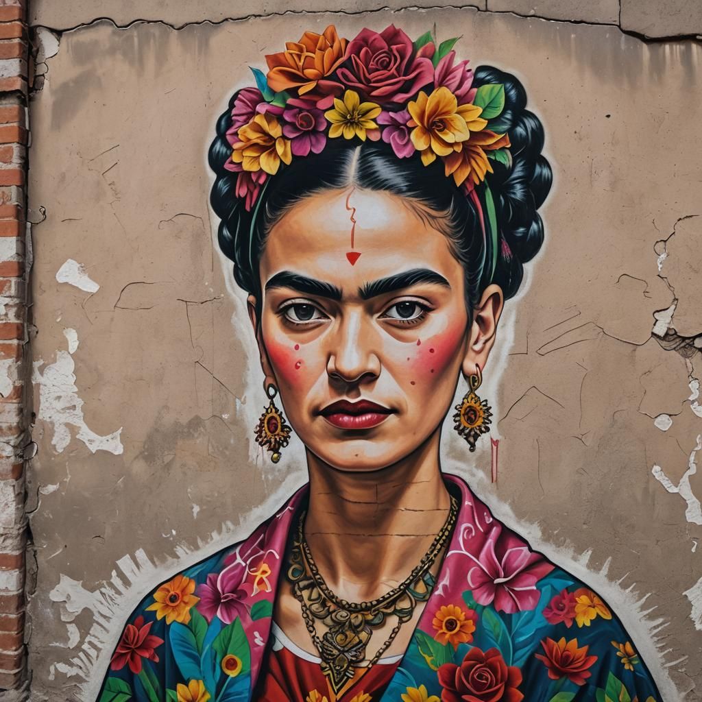 Frida Kahlo Graffiti Chalk Mural on Mexican House