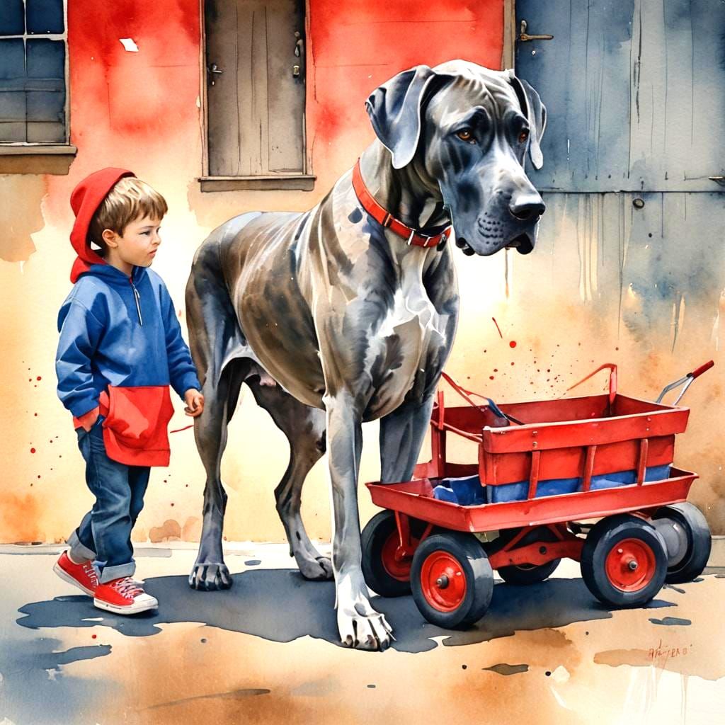 Grey Great Dane Rides in Wagon: Watercolor Painting
