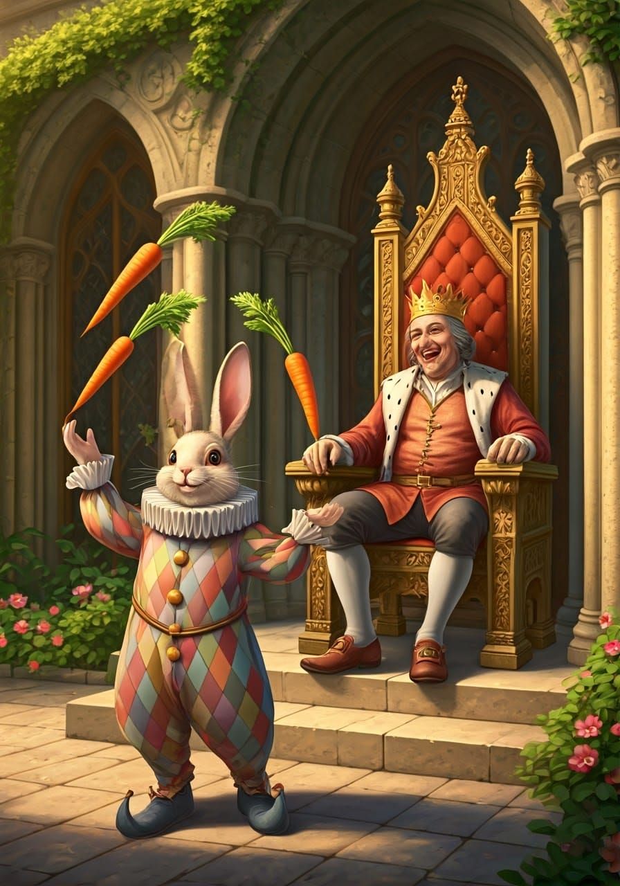 Whimsical Harlequin Jester Rabbit Juggles Carrots for Joyful...