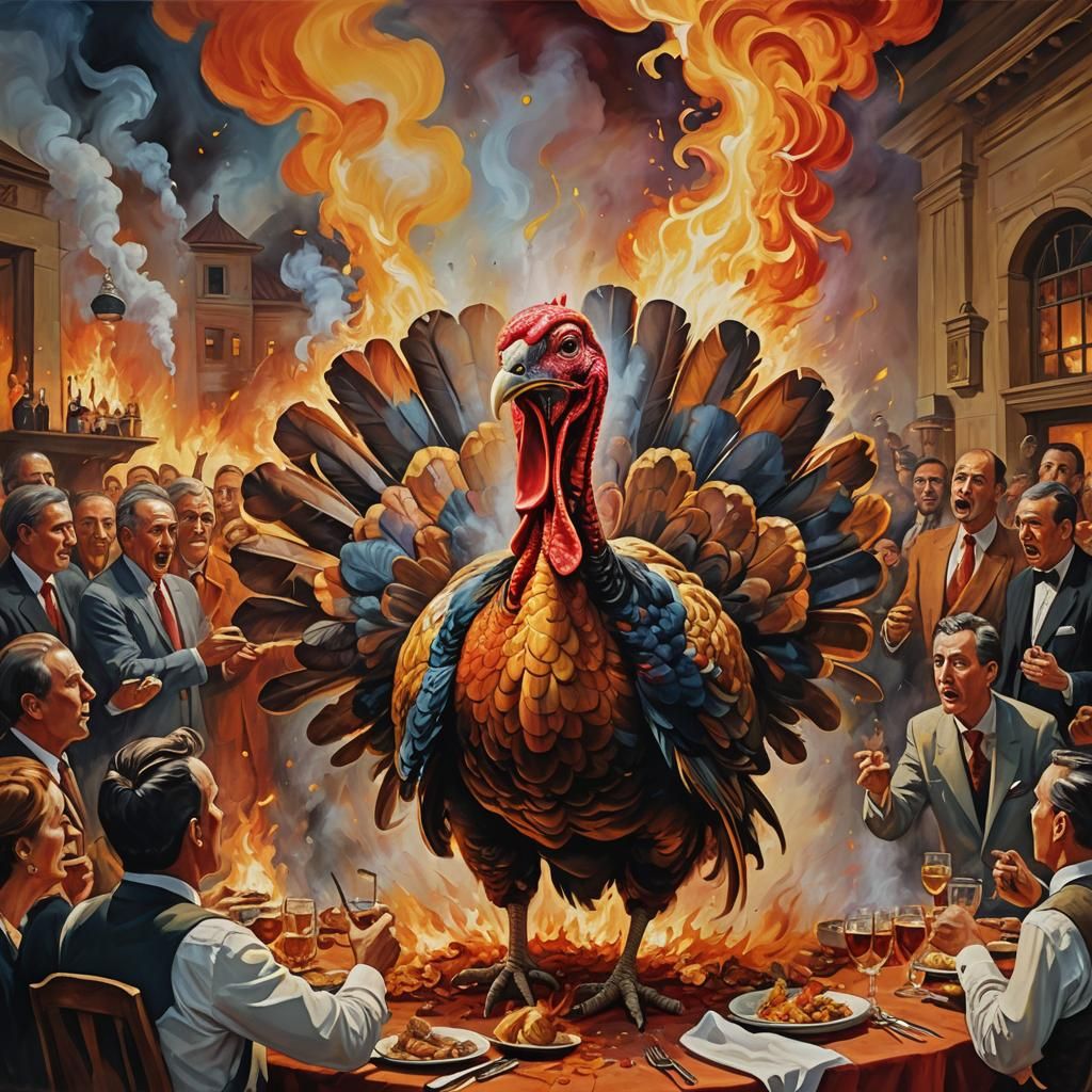 Fiery Turkey Catastrophe: A Surreal Oil Painting