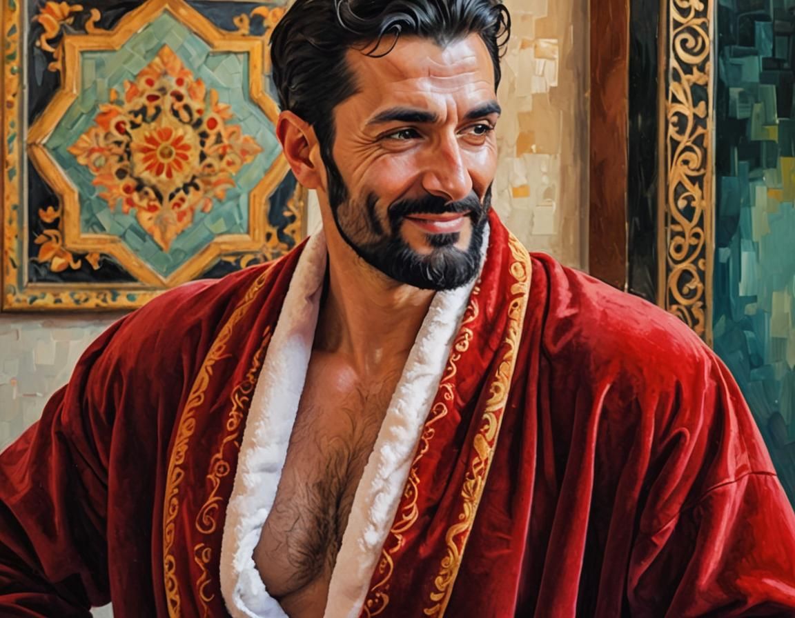 Elegant Man in Red Velvet Robe: Impressionist Oil Painting