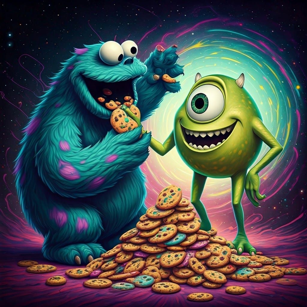Mike Wazowski and Cookie Monster in Cosmic Dreamscape