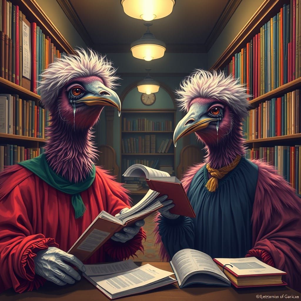Emus Juggling Books in a Library, Pop Art Style