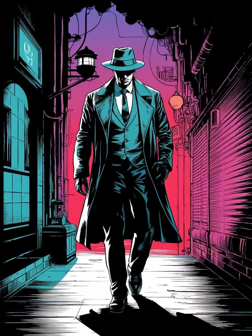 Retro Detective Strolls Through Neon Alley