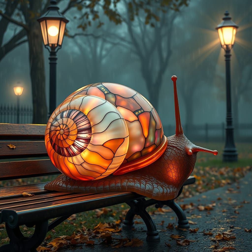 Surreal Giant Snail on Park Bench in Dreamlike Style