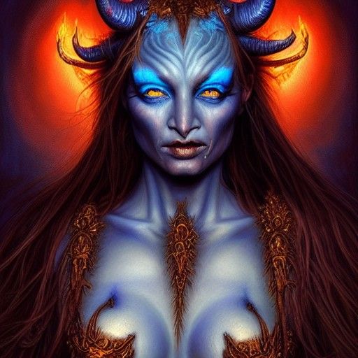Detailed Blue Demoness Goddess in Hellfire