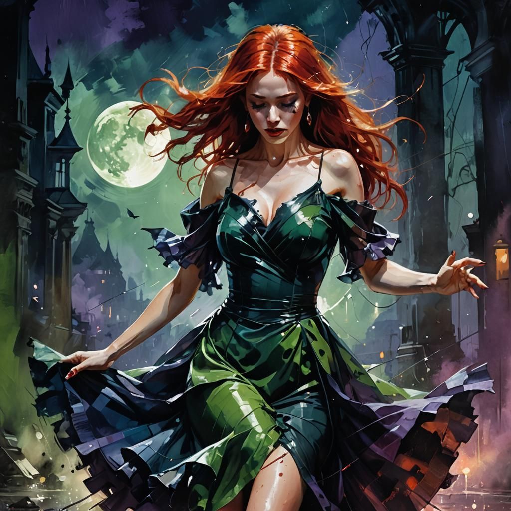 Redhead Dances in Moonlight: Dark Fantasy Splash Art
