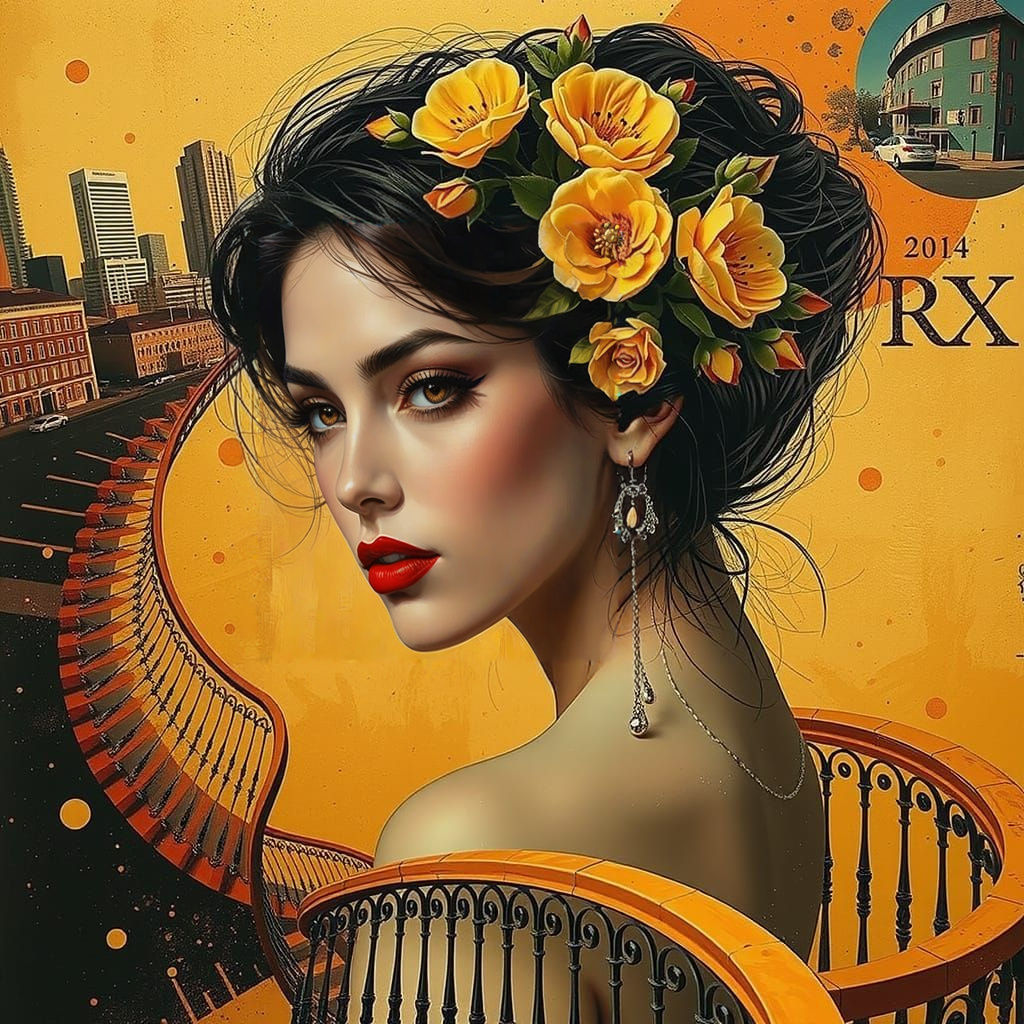 Double Exposure Portrait of Woman with Spiral Staircase