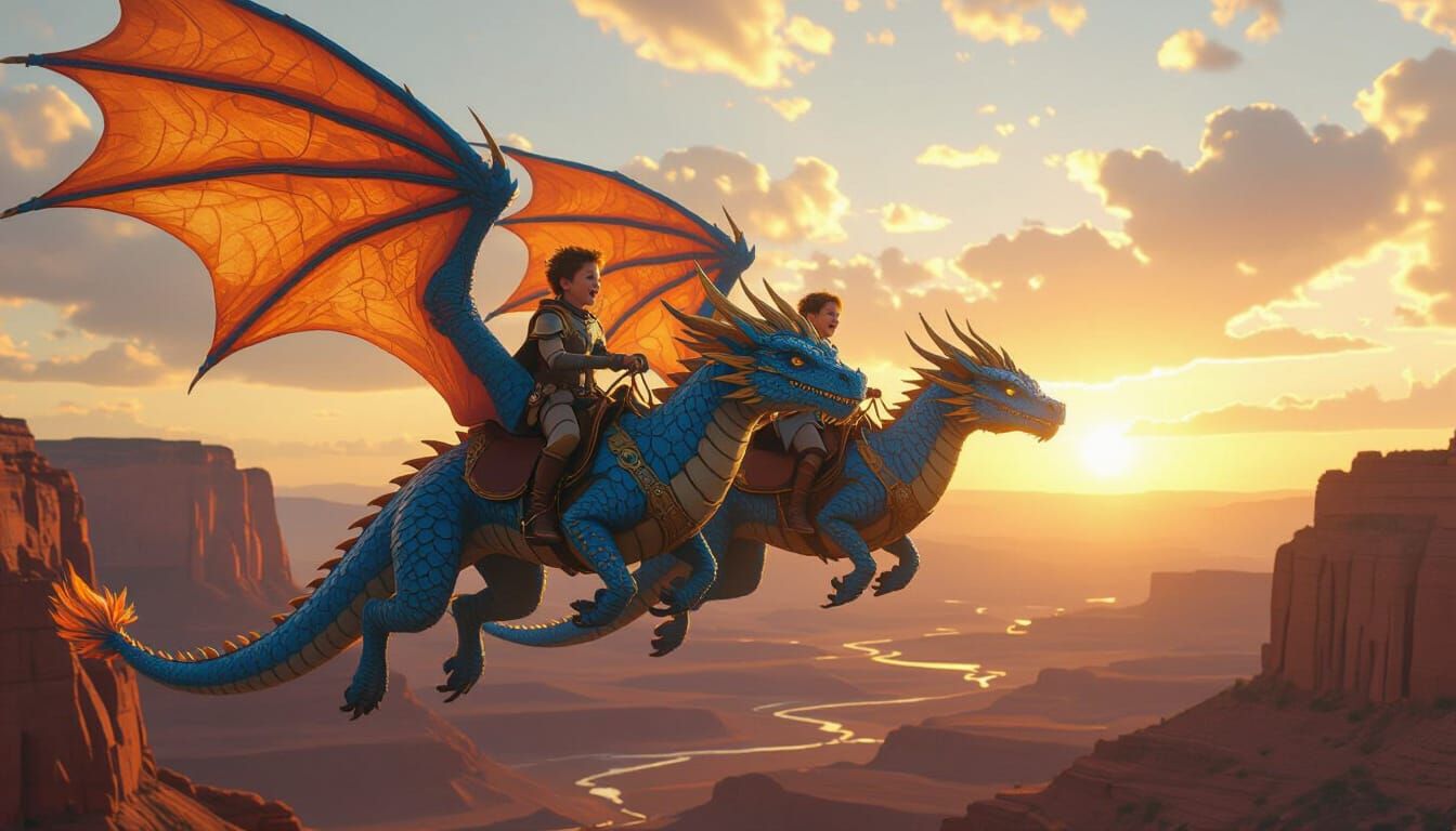Children Ride Armored Dragons at Sunrise