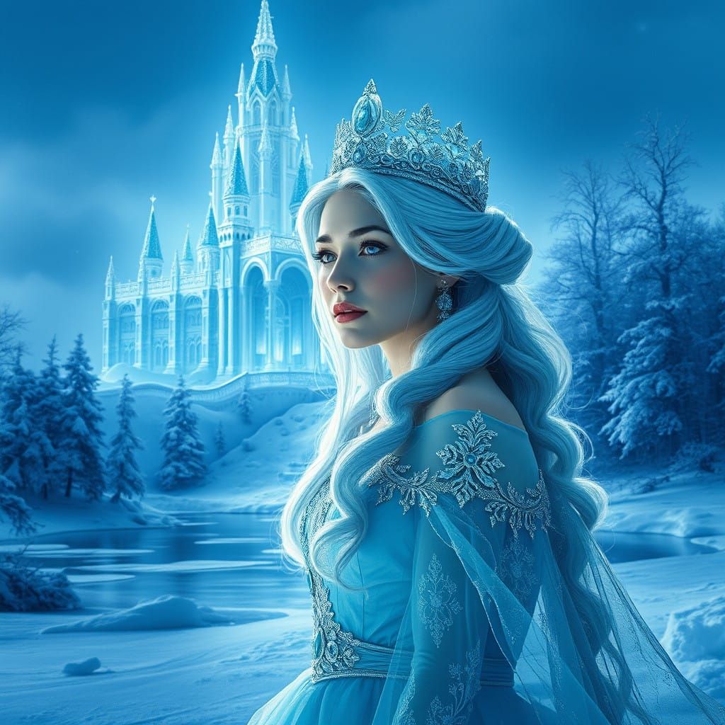 Ethereal Ice Princess in Icy Blue Gown, Surrounded by Grande...
