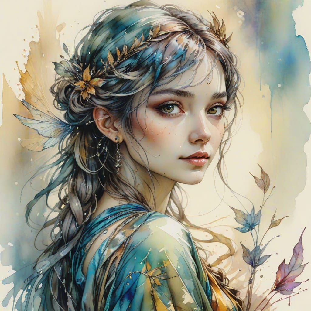 Ethereal Fairy Maiden Portrait in Watercolor