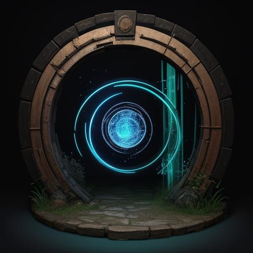 Grunge layered fusion, magic glowing portal in isolated remote inn