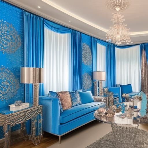Shimmery luxurious luster penthouse with Blue fractals walls with light blue fractals accents& cobalt blue fractals  acc...