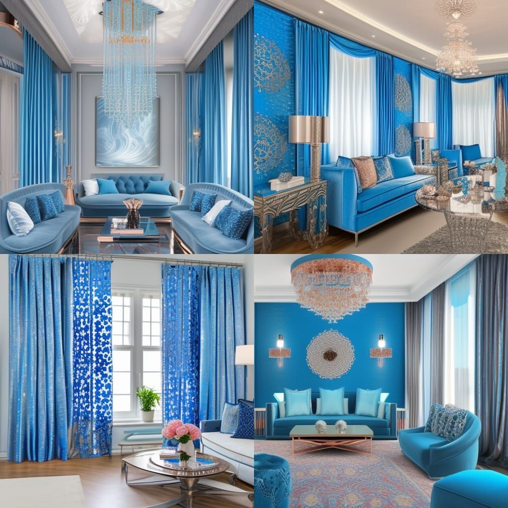 Shimmery luxurious luster penthouse with Blue fractals walls with light blue fractals accents& cobalt blue fractals acc...