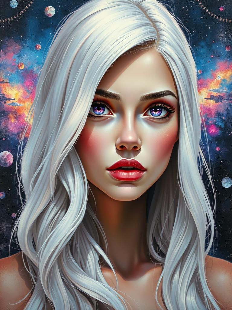 Fauvist Painting of Girl with Galaxy War Background
