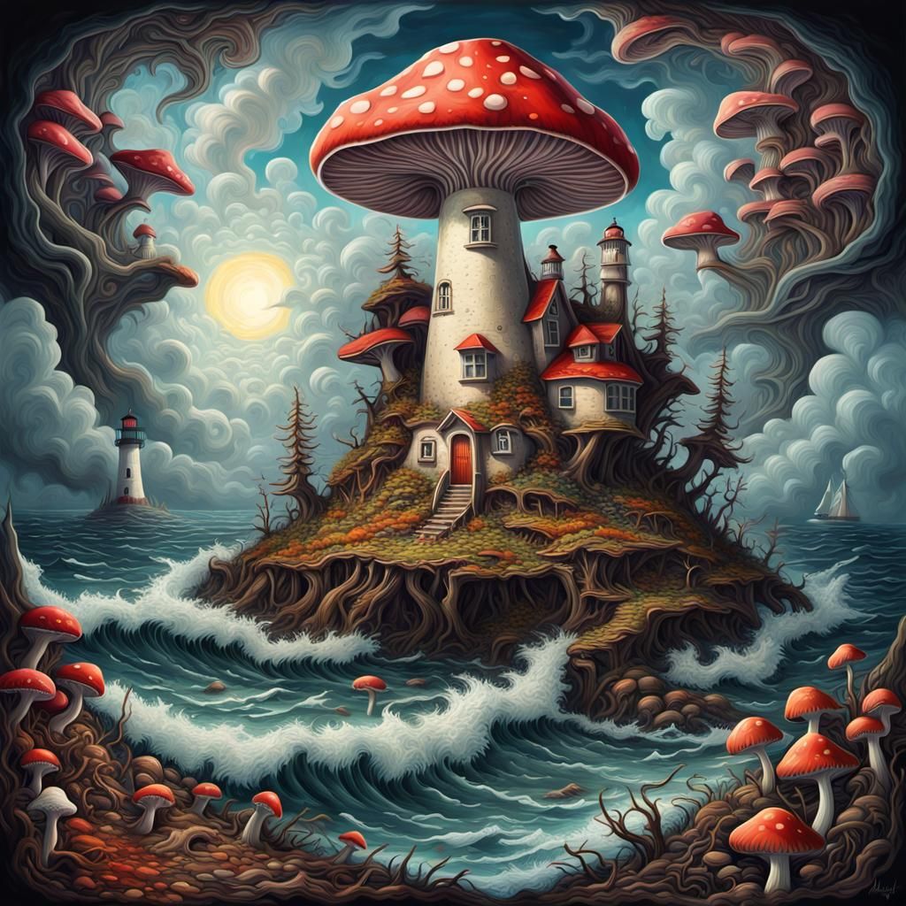 Mythical Mushroom Lighthouse Landscape in Impasto Style